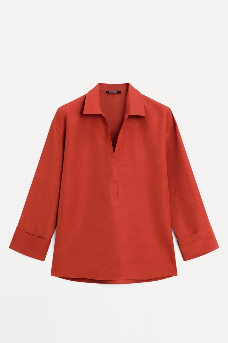 Linen Blend Blouse With Polo Collar