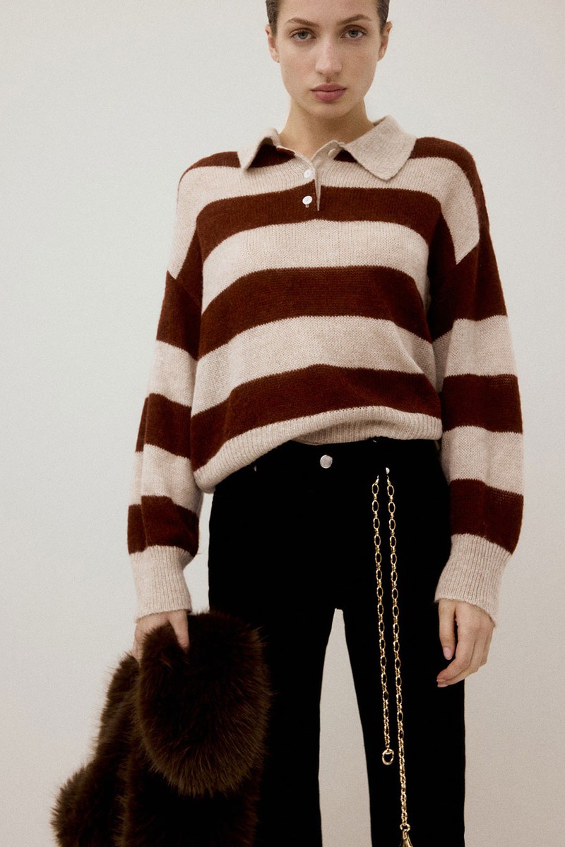Striped Polo-Neck Sweatshirt