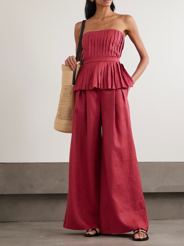 Encantadora Strapless Belted Pleated Linen Top