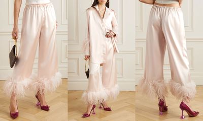 Mandrake Cropped Feather-Trimmed Stretch-Satin Wide-Leg Pants, AED 3,100 | 16Arlington