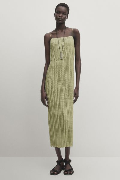 Linen Blend Pleated Strappy Dress from Massimo Dutti