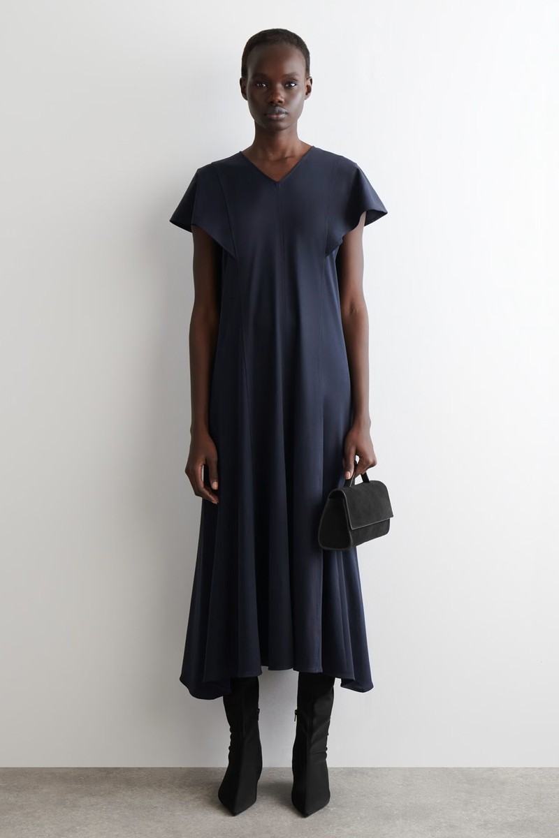 Petal-Sleeve Cotton Midi Dress
