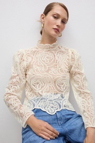 High-Neck Cotton Lace Blouse