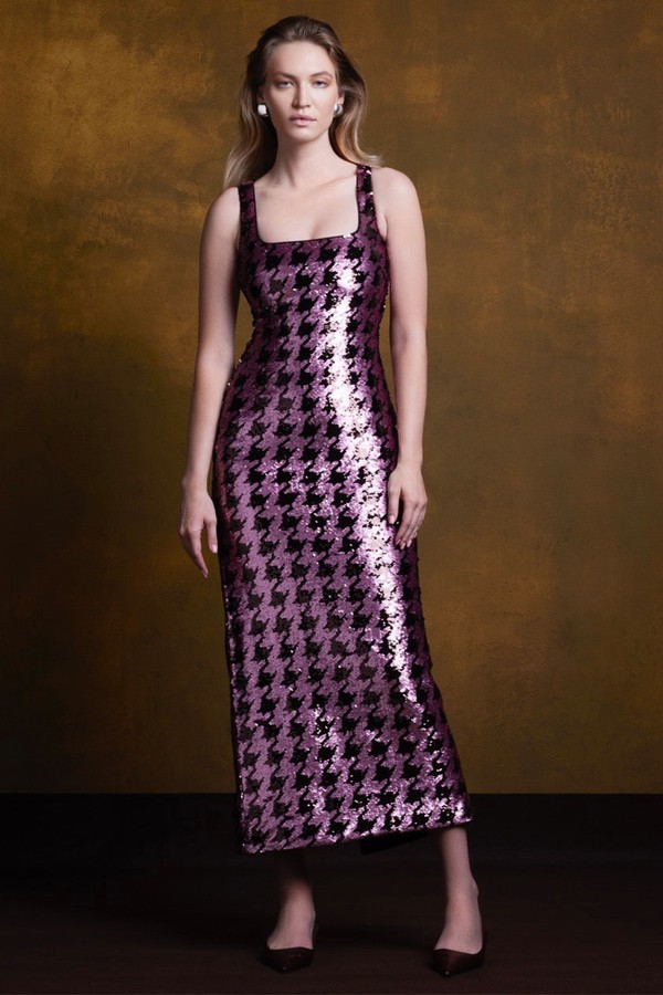 Houndstooth Square Neck Sequin Dress from Dima Ayad