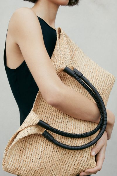 Raffia Shopper Bag With Leather Handles