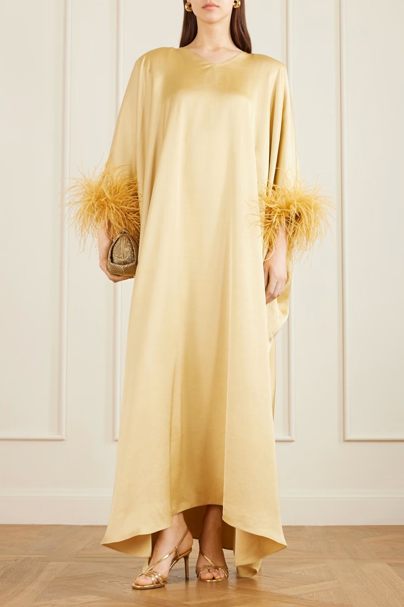 Asymmetric Feather-Trimmed Satin Gown from Dima Ayad