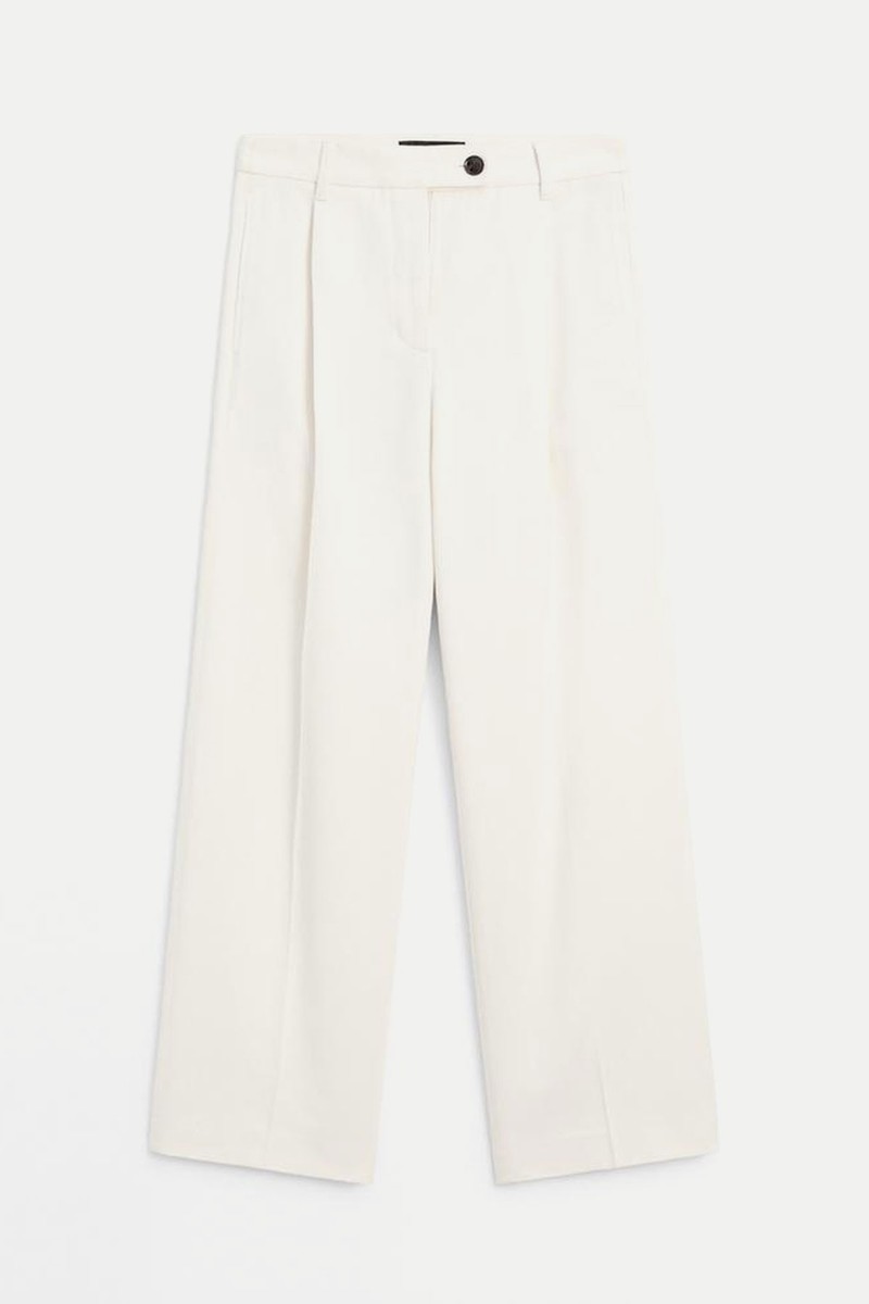 Wide-Leg Pleated Cotton Blend Trousers