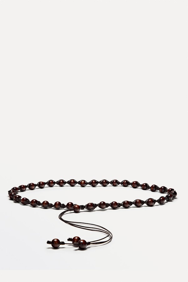 Contrast Wod & Leather Bead Belt