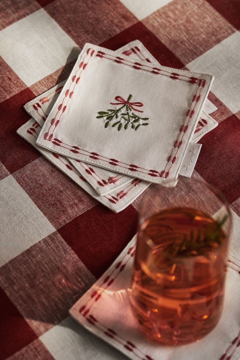 Off White Mistletoe Embroidered Drink Napkins from Sophie Allport