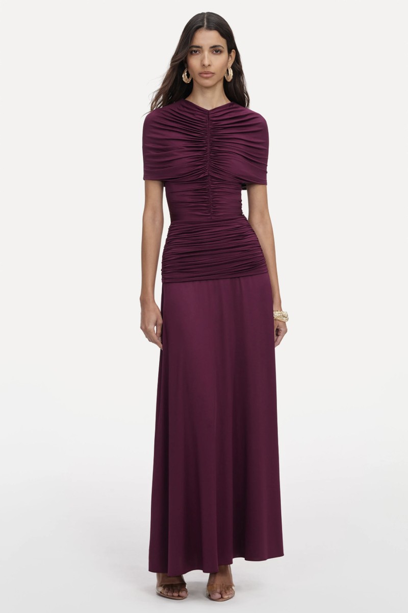Burgundy Jersey Gathered Midi Dress from Self-Portrait