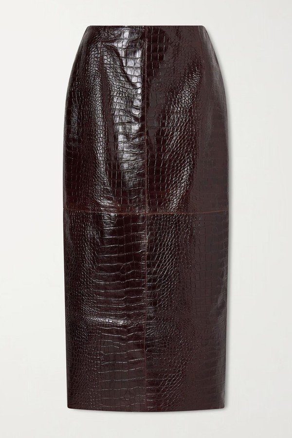 Paneled Croc-Effect Leather Midi Skirt from Nour Hammour