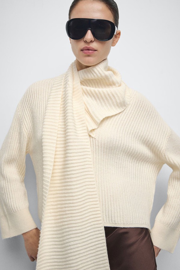 Ribbed Sweater With Scarf Detail