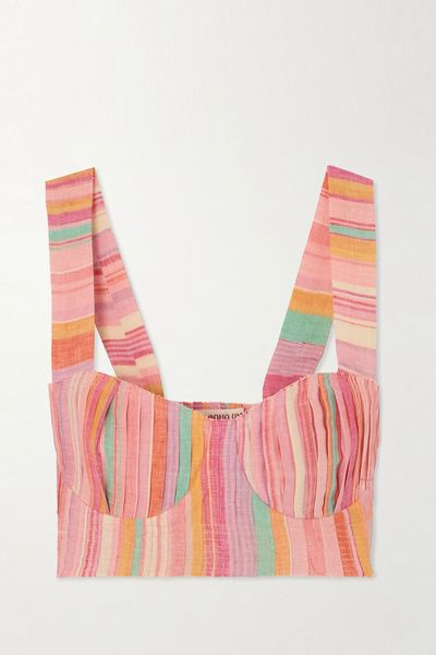 Dalia Frayed Pleated Striped Linen Bustier Top from Emporio Sirenuse