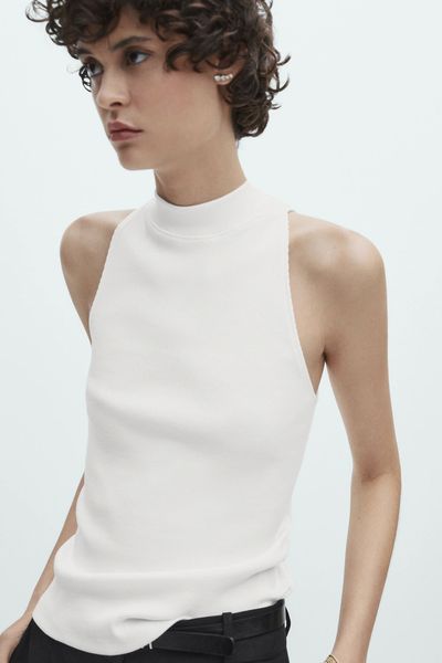 Ribbed Halter Top With Shoulder Seam Detail