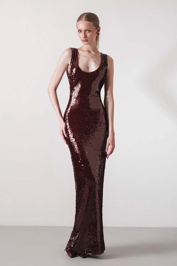 Distressed Bordeaux Sequin Gown from Tala Sammak