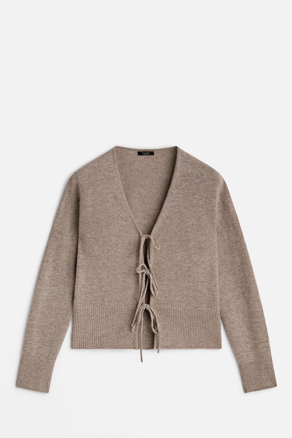 Wool Blend Knit Cardigan With Bow Detail