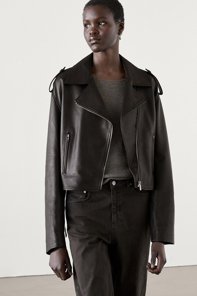 Brown Nappa Leather Biker Jacket from Massimo Dutti