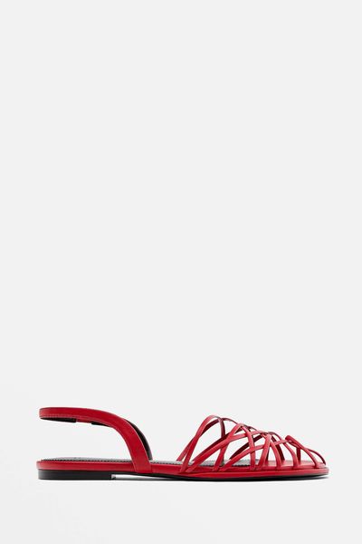 Red Slingback Shoes With Multiple Straps