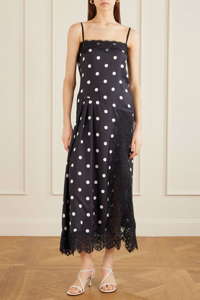 Polka-Dot Pleated Lace-Trimmed Silk Maxi Dress from SPORTMAX