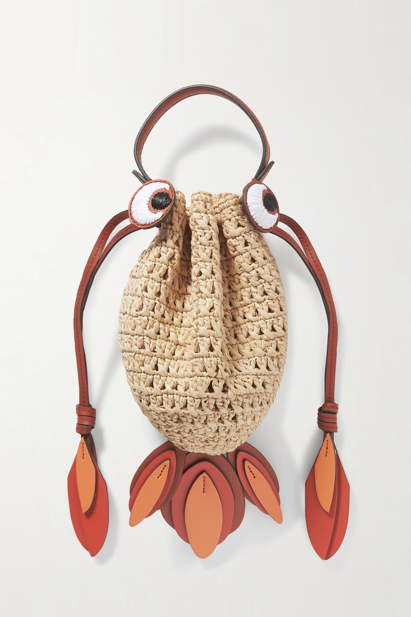 Goldfish Leather-Trimmed Embroidered Raffia Shoulder Bag from Anya Hindmarch