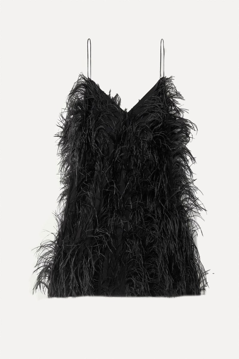 Anvers Feather-Trimmed Silk-Satin Mini Dress from  SHARON WAUCHOB
