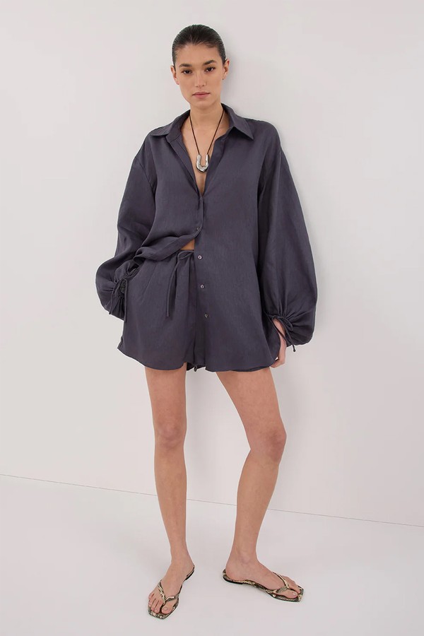 Carla Washed Indigo Linen Shorts from Dissh