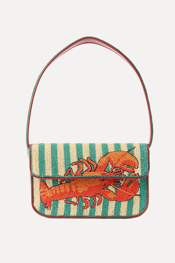 Tommy Bead-Embellished Leather-Trimmed Satin Shoulder Bag from STAUD