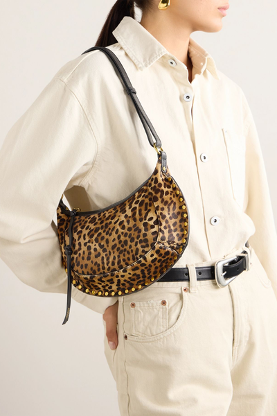 Oskan Moon Leather-Trimmed Studded Leopard-Print Calf Hair Shoulder Bag from Isabel Marant