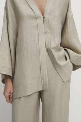 Linen Blend Kimono Blouse With Belt from Massimo Dutti