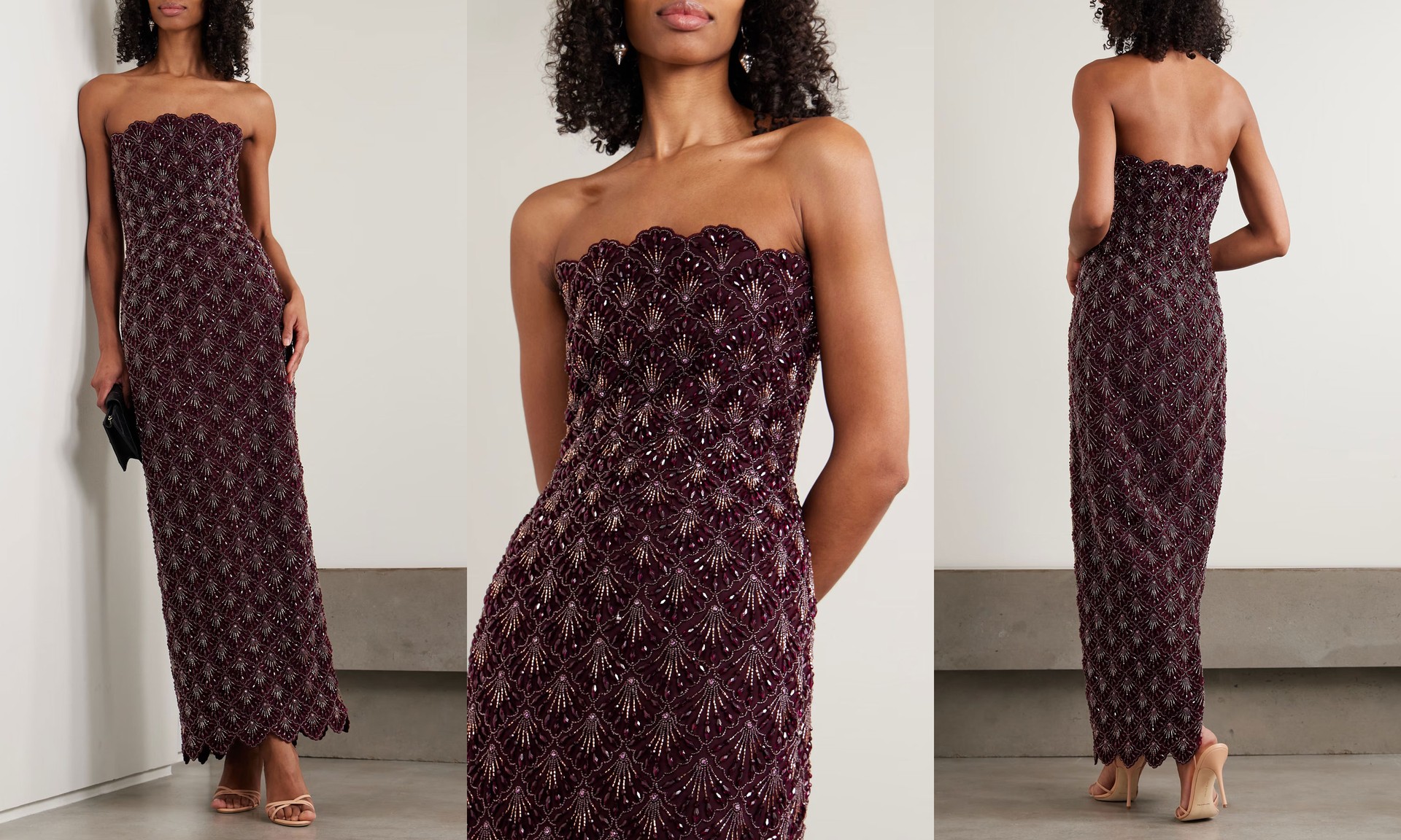 Ariel Strapless Scalloped Embellished Satin Gown, AED 18,300 | Clio Peppiatt