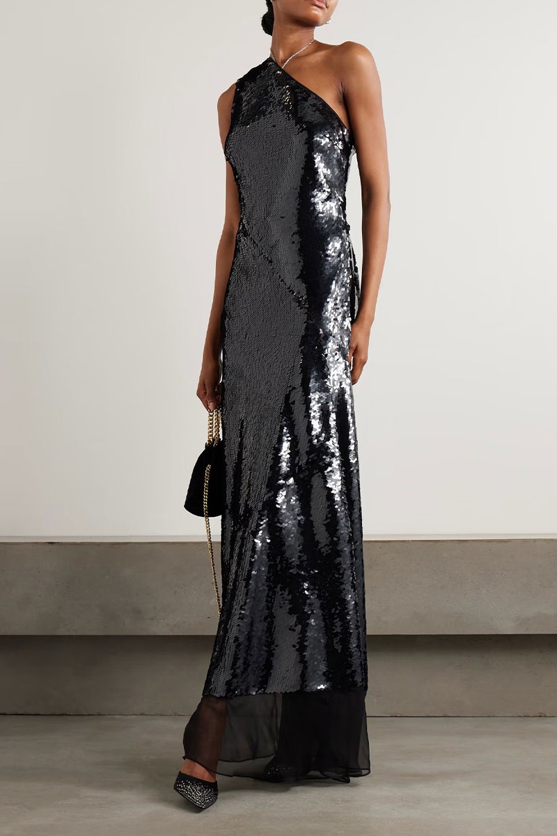 One-Shoulder Chiffon-Trimmed Sequined Tulle Gown from Stella Mccartney
