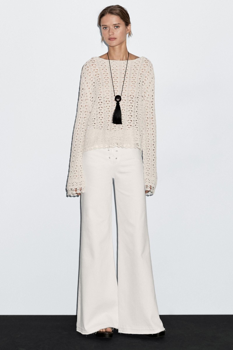Cotton Blend Openwork Crochet Sweater