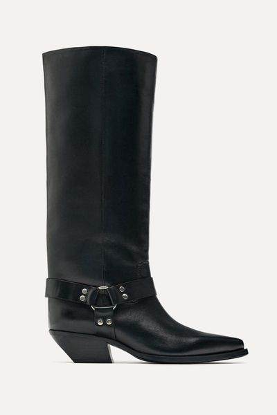 Leather Cowboy Boots With Buckle from Zara