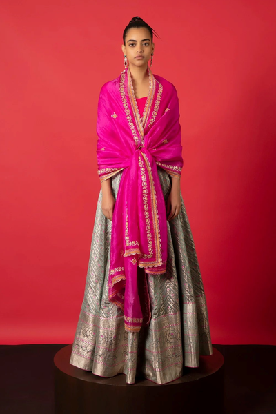 Handwoven Pink & Blue Satin Silk Lehenga from Ekaya