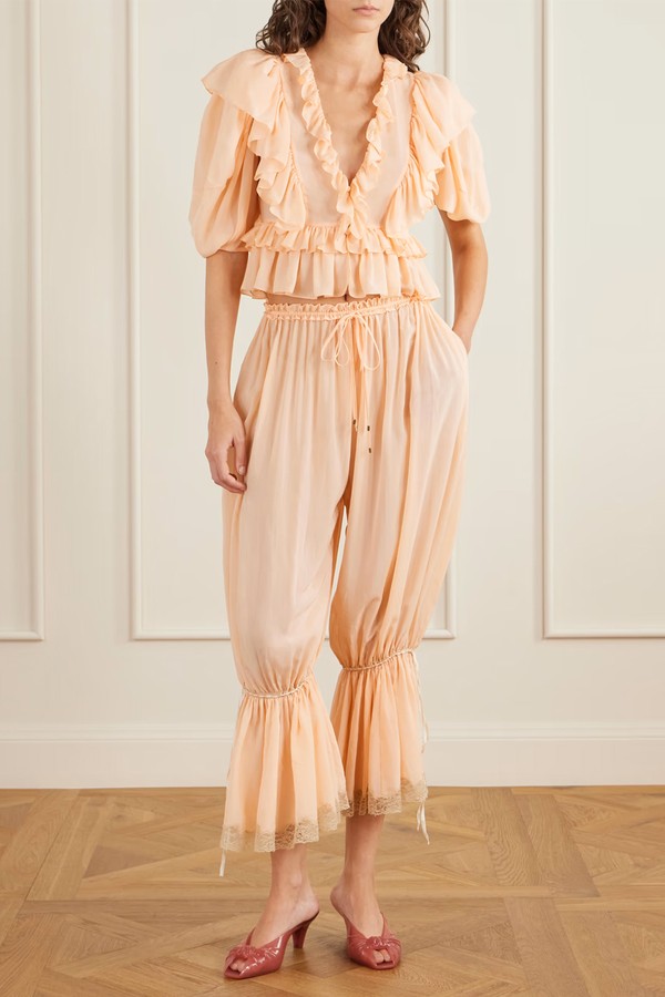 Ruffled Pleated Lace-Trimmed Silk-Charmeuse Wide-Leg Pants from CHLOÉ