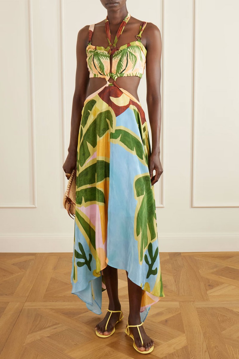 Tropical Painting Cut-Out Satin-Jersey Midi Dress from Farm Rio