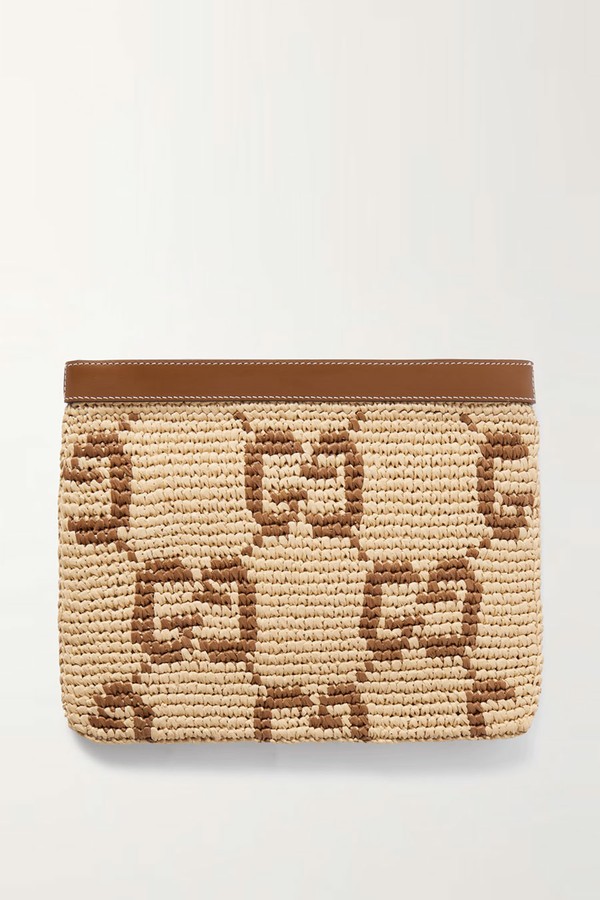 Leather-Trimmed Crocheted Raffia Clutch from Gucci