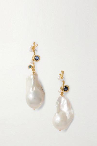 Baroque Floret Gold-Plated, Pearl & Sapphire Earrings from Pacharee