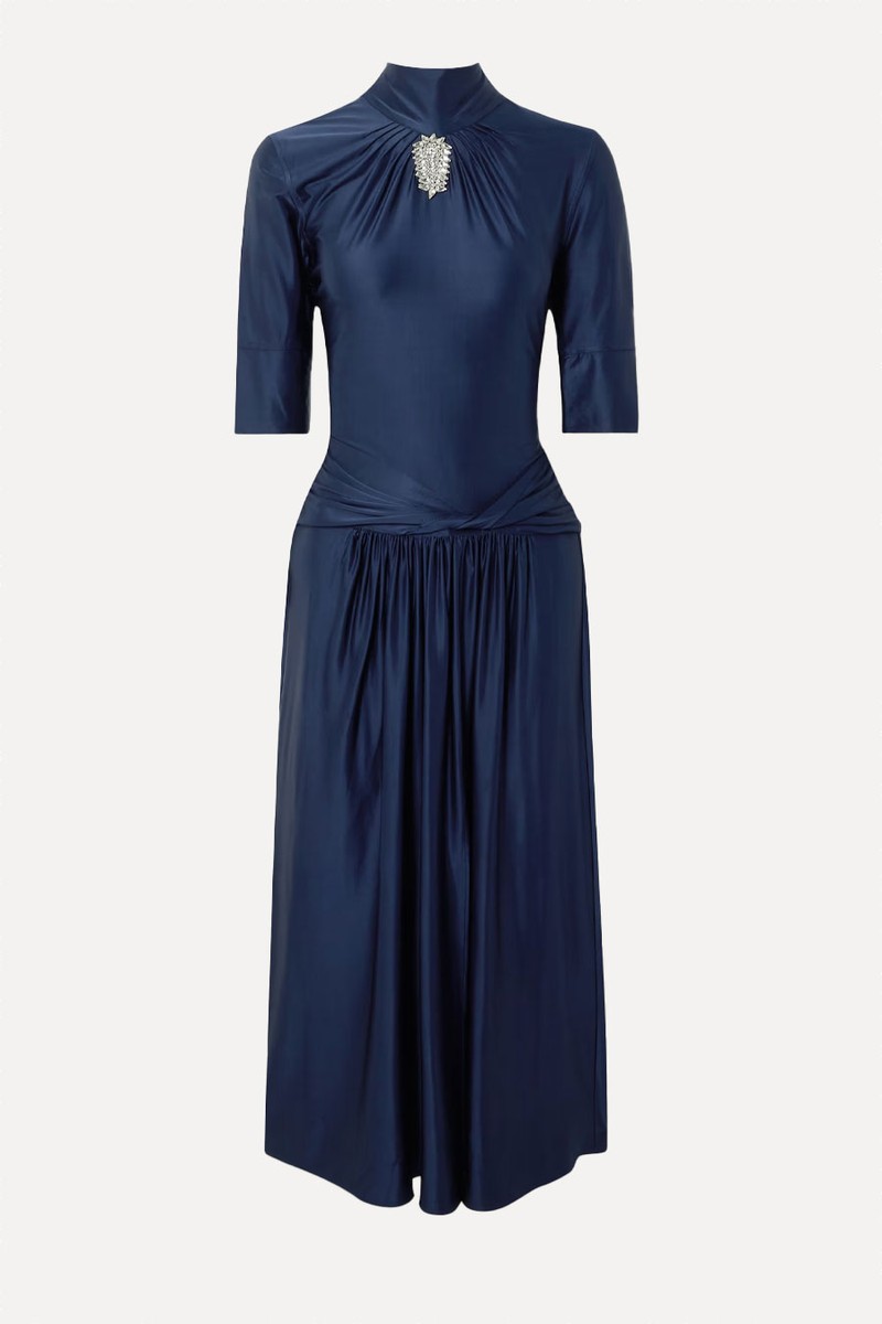 Crystal-Embellished Gathered Satin-Jersey Midi Dress from RABANNE