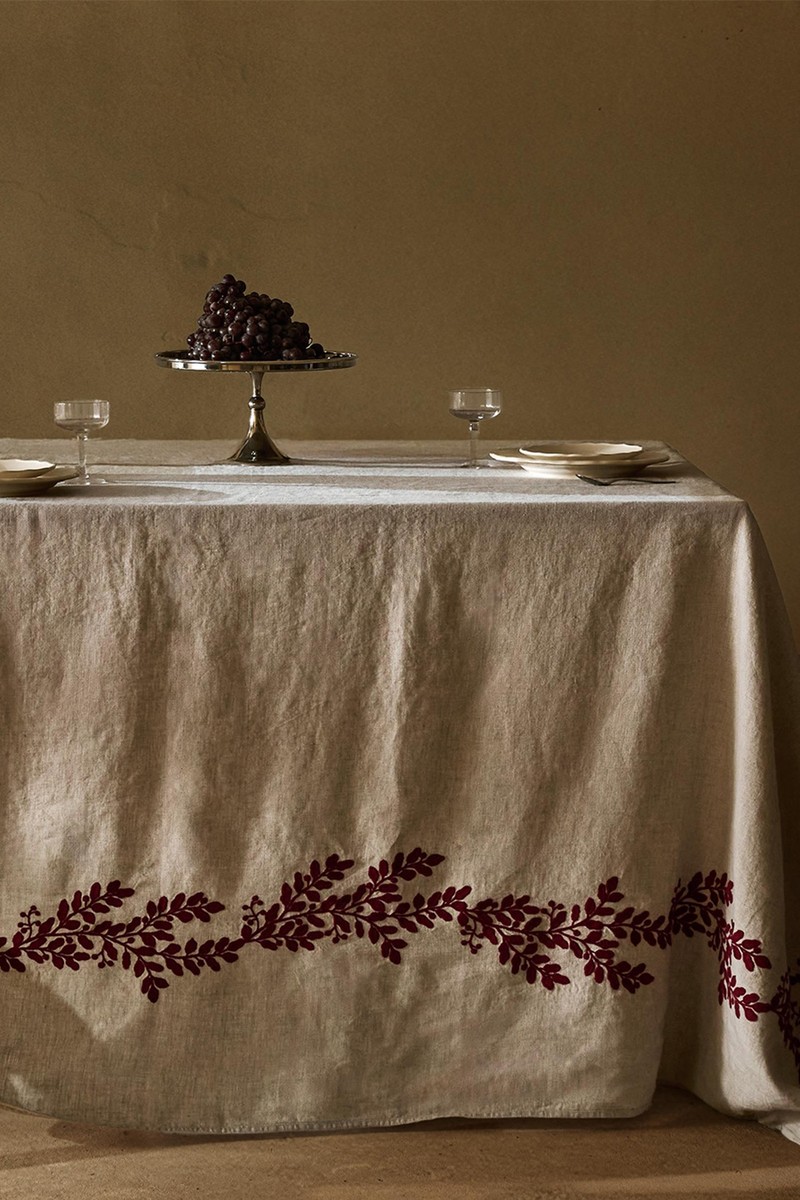 Linen Christmas Tablecloth With Red Leaves from Zara