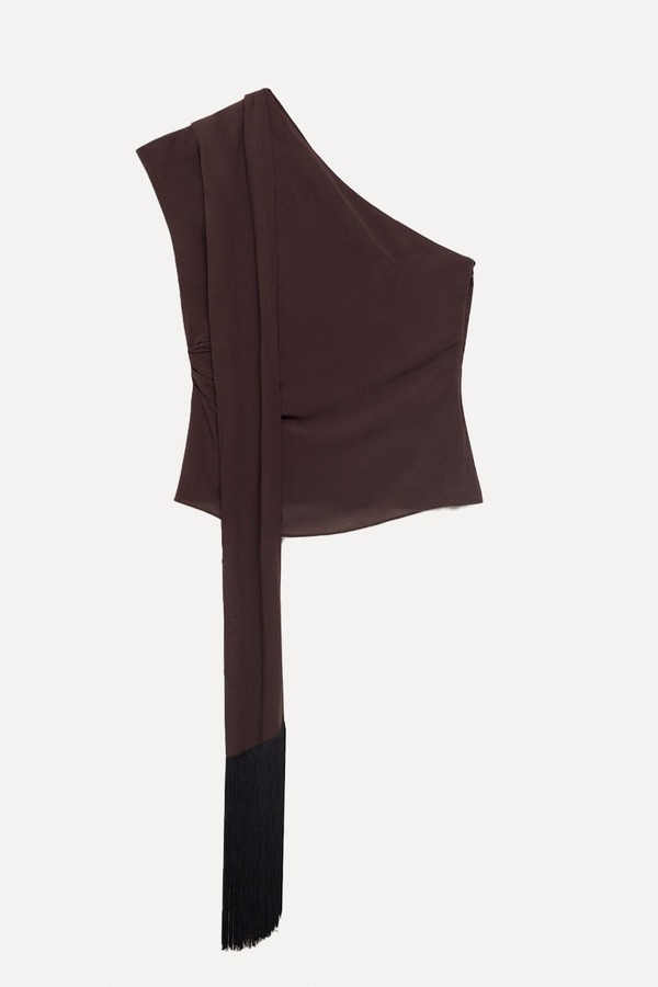 Asymmetrical Scarf Blouse With Fringe Detail