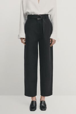 Black Barrel-Fit Trousers With Belt
