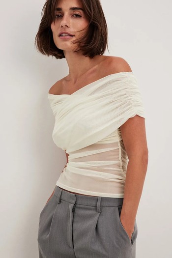 Draped Mesh Off Shoulder Top, AED 115 (was AED 165) | NA-KD