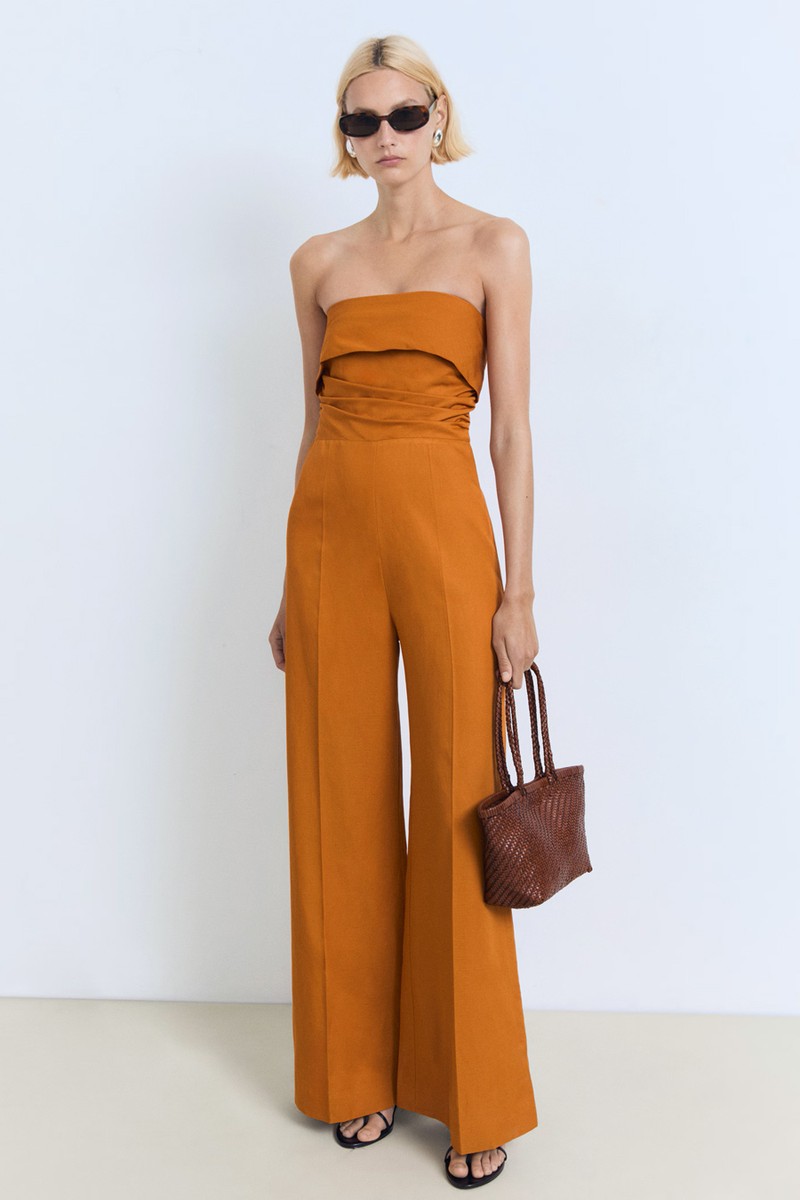 Linen-Blend Strapless Jumpsuit from Mango