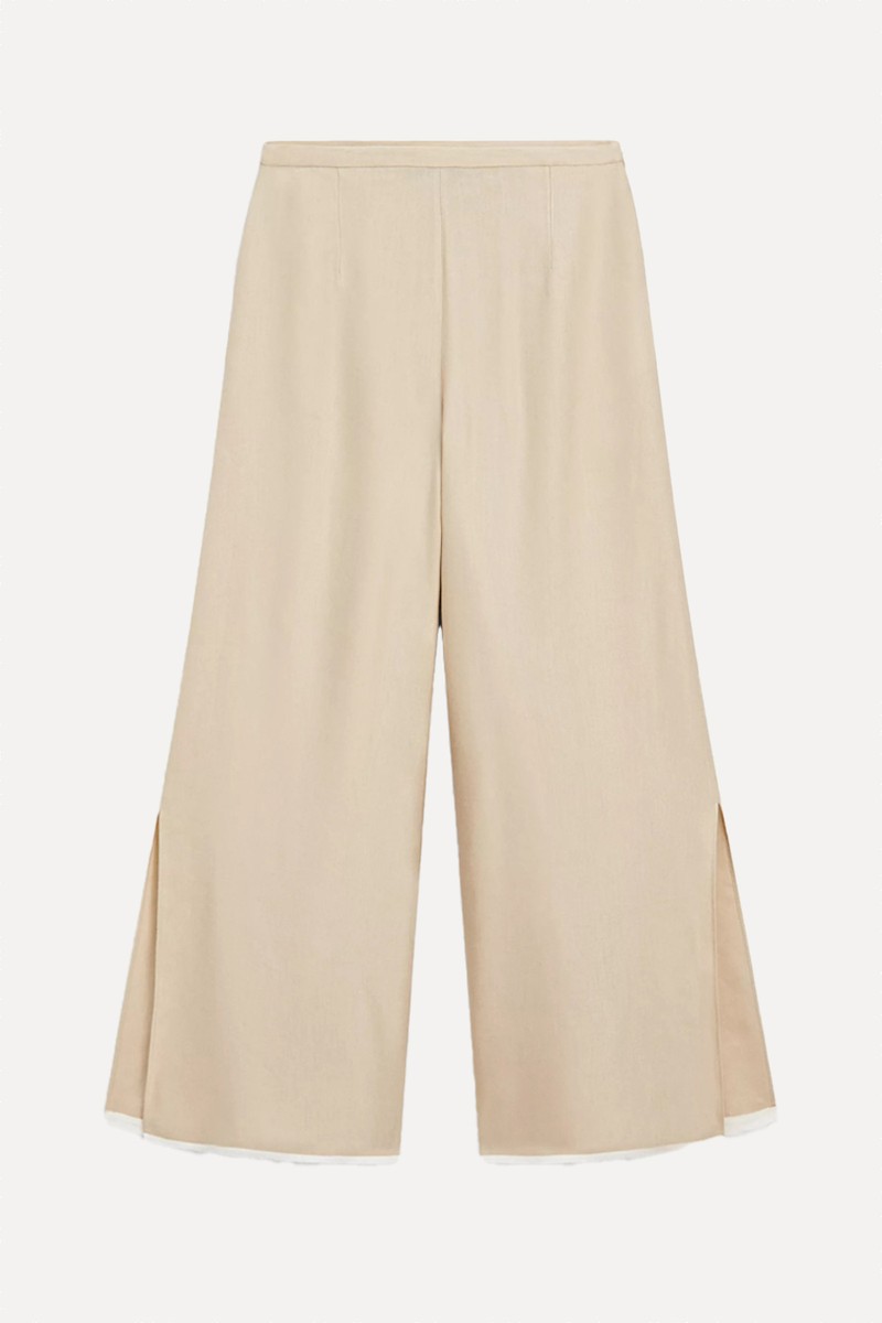 Contrast Linen Blend Straight-Leg Trousers