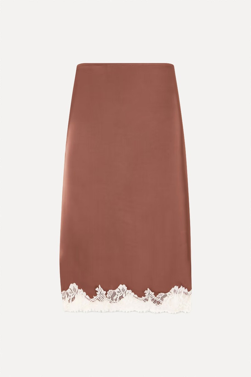 Marisol Lace-Trimmed Satin Midi Skirt from Faithfull