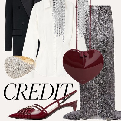 For a fresh twist on eveningwear, pair a sequinned skirt with a crisp white shirt & drape a tuxedo b