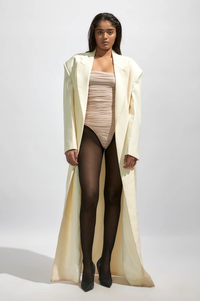 Inez Ruched Bodysuit, Trench & Stockings