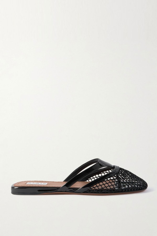 Patent-Leather Trimmed Fishnet Mules from Alaïa