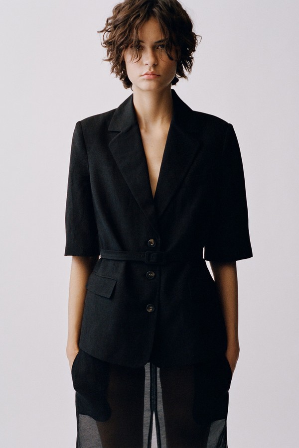 Linen-Blend Suit Jacket With Belt from Mango